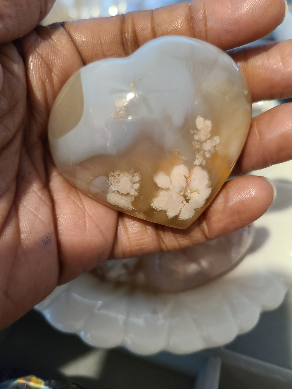Flower Agate Heart Crystal | Palm Stone | Healing Crystals for Self Love, Growth & Transformation
