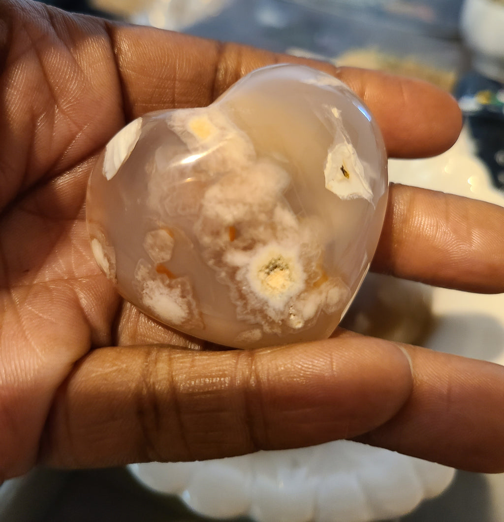 Flower Agate Heart Crystal | Palm Stone | Healing Crystals for Self Love, Growth & Transformation