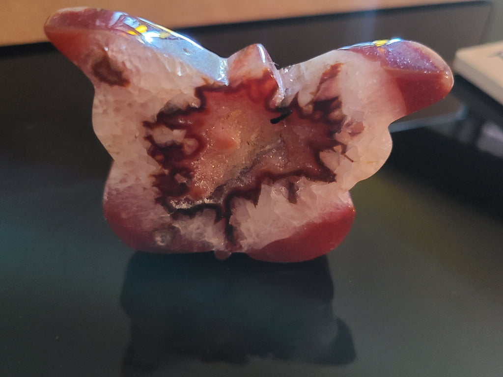 Carnelian & Quartz Butterfly Carving with Druzy – Crystal for Transformation, Vitality and Joy