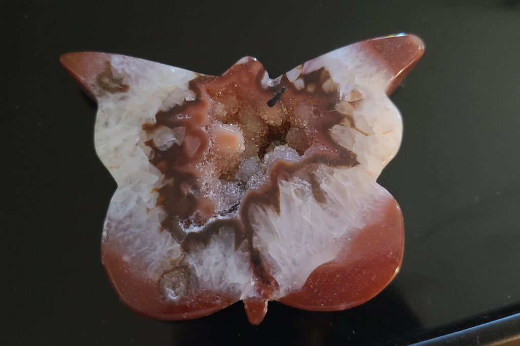 Carnelian & Quartz Butterfly Carving with Druzy – Crystal for Transformation, Vitality and Joy
